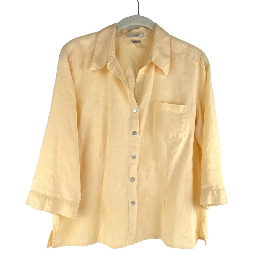 Edward 100% Irish Linen Shirt Womens Large 3/4 Sleeves Washable Pale Yellow Fine